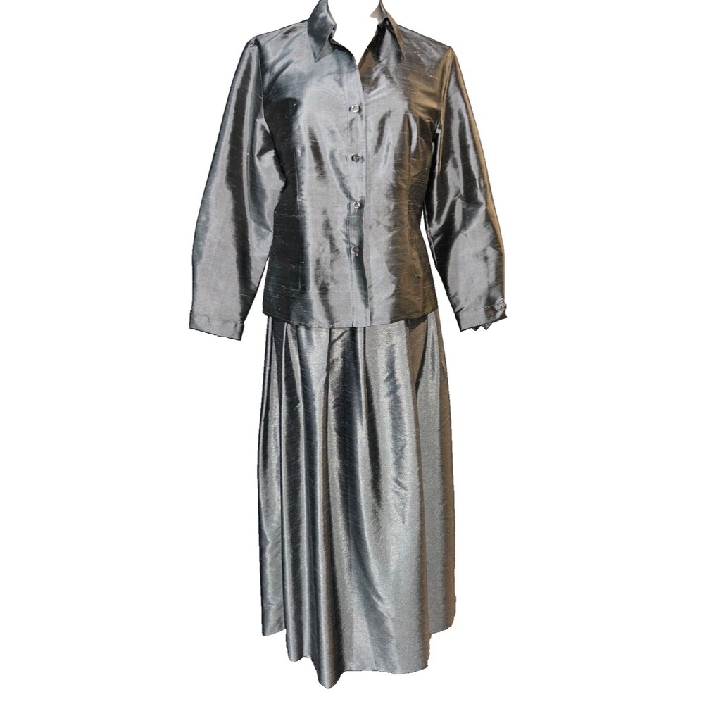 Women’s Vintage NWT 1990s 2Pc Silver Silk Blazer+Maxi Skirt Suit Size 14/LP